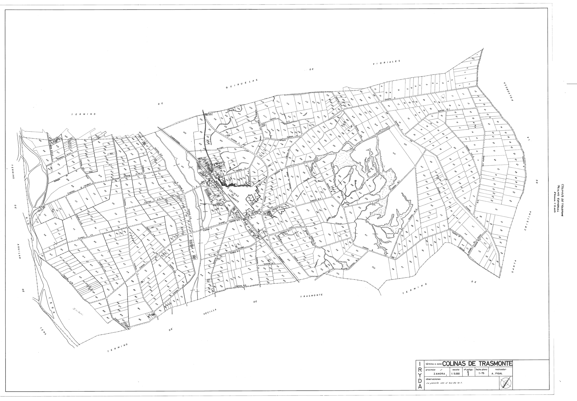 Plano general del término de Colinas de Trasmonte a escala 1:5.000, con el parcelario numerado, los caminos, la carretera que cruza el casco y el río Tera en el extremo izquierdo.
